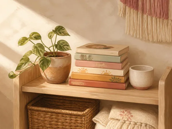 A small shelf of bilingual children's books in warm, muted tones