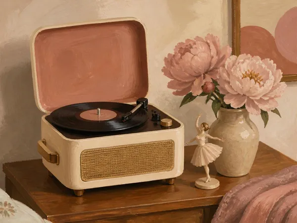 A vintage-style record player with blush peonies in a cozy corner