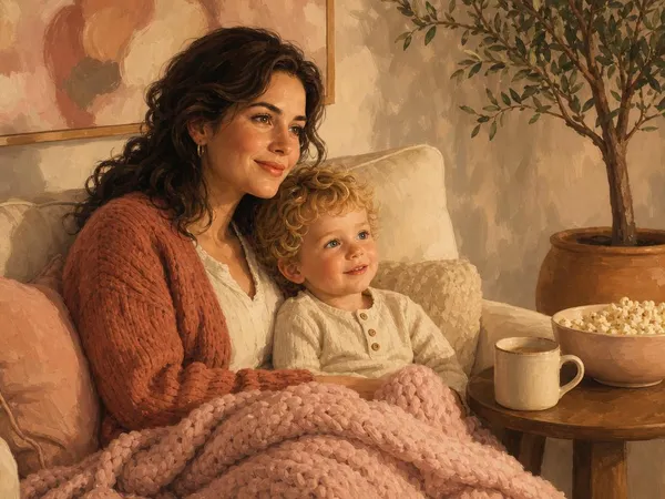 A mother and her curly-haired son snuggled under a blush blanket for cozy screen time