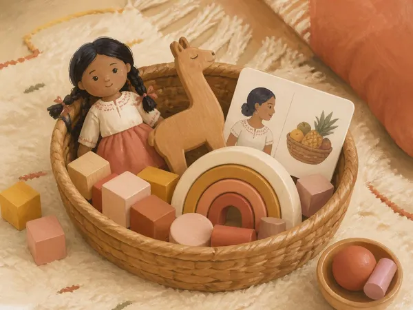 A woven basket of wooden learning toys in soft cream and terracotta colors