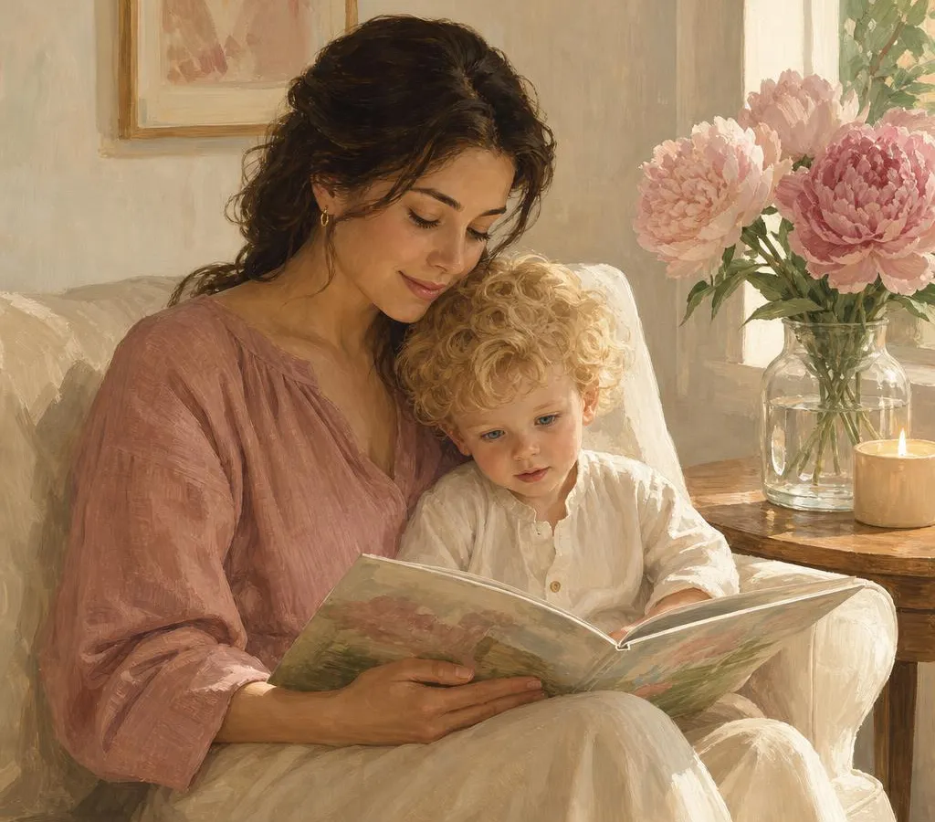 A Cuban American mom reading a Spanish picture book to her toddler on a sunlit couch
